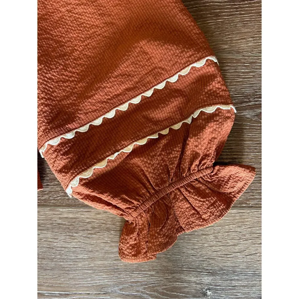 NWT Jodifl XL Rust Textured Peplum Blouse Scallop Trim Puff Sleeve Top - Picture 6 of 9